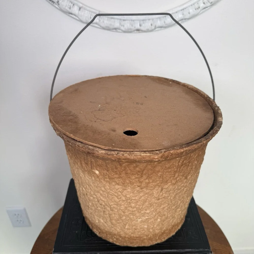 Vintage Formart Paper Mache Fish Bait‎ Pail Worm Bucket Handle and Lid Mid-1900s